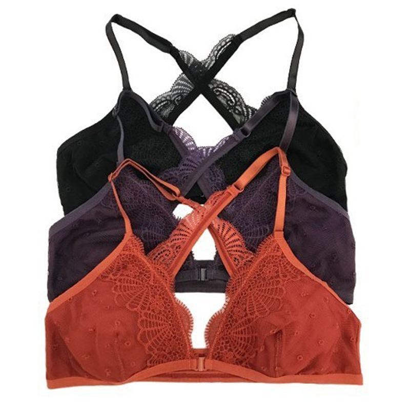 Lace bralettes in black, purple and red orange